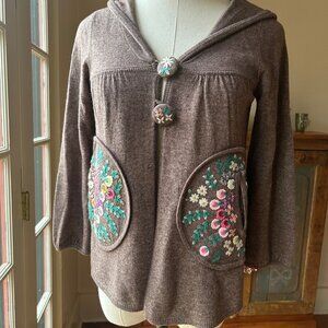 Y2K Anthropologie Sleeping on Snow Cropped Hooded Embroidered Cardigan